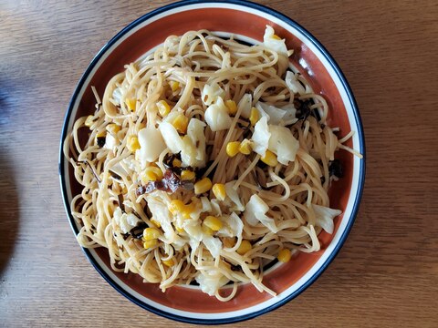 キャベツとコーンの塩昆布パスタ